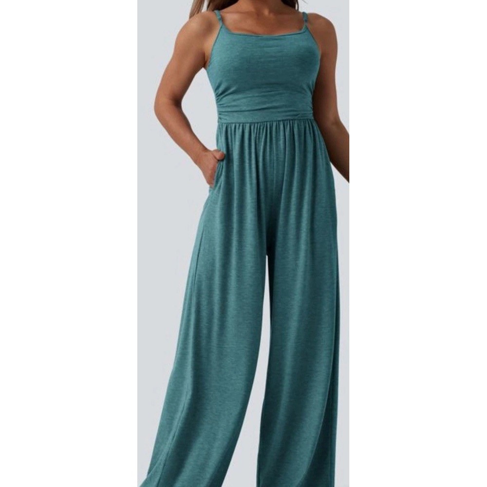 Halara Wide Leg Jumpsuit Womens Size Large Green Hip Pockets Padded Shelf Bra